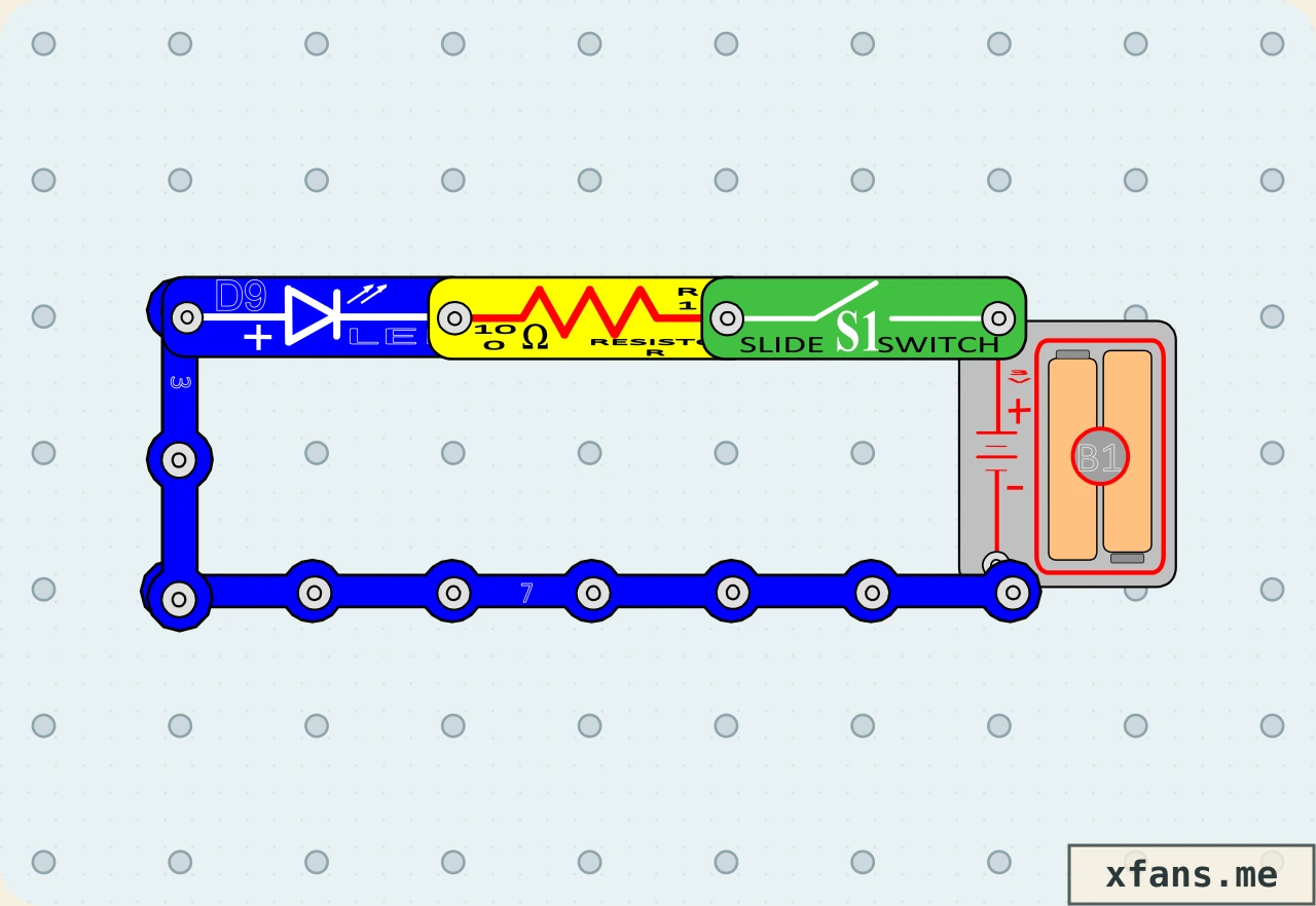Blue LED Switch Light final circuit diagram with labeled electronic components