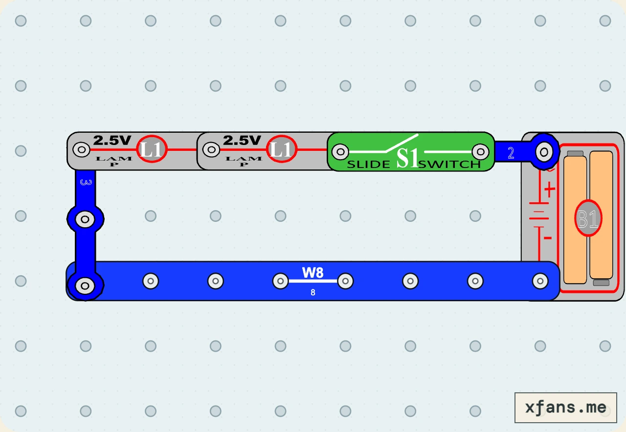 Two Lamps in Series final circuit diagram with labeled electronic components