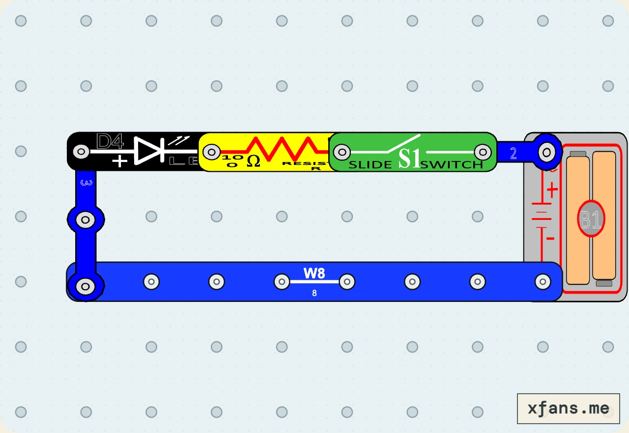 LED Polarity & Current Limiting final circuit diagram with labeled electronic components