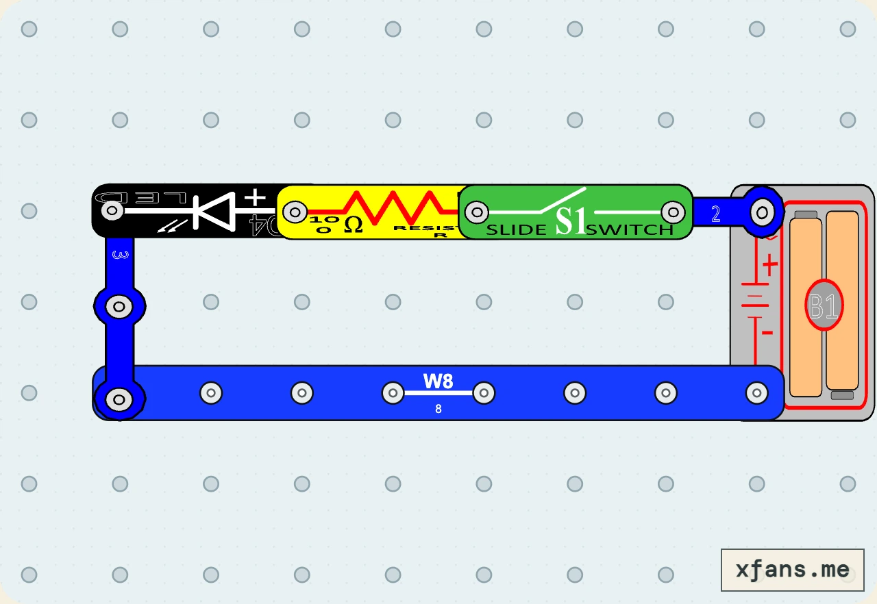 LED Reverse-Polarity Test final circuit diagram with labeled electronic components