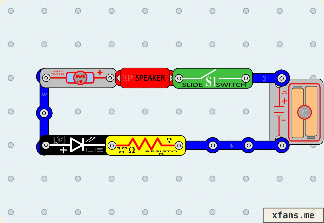 Motor Sound with LED final circuit diagram with labeled electronic components